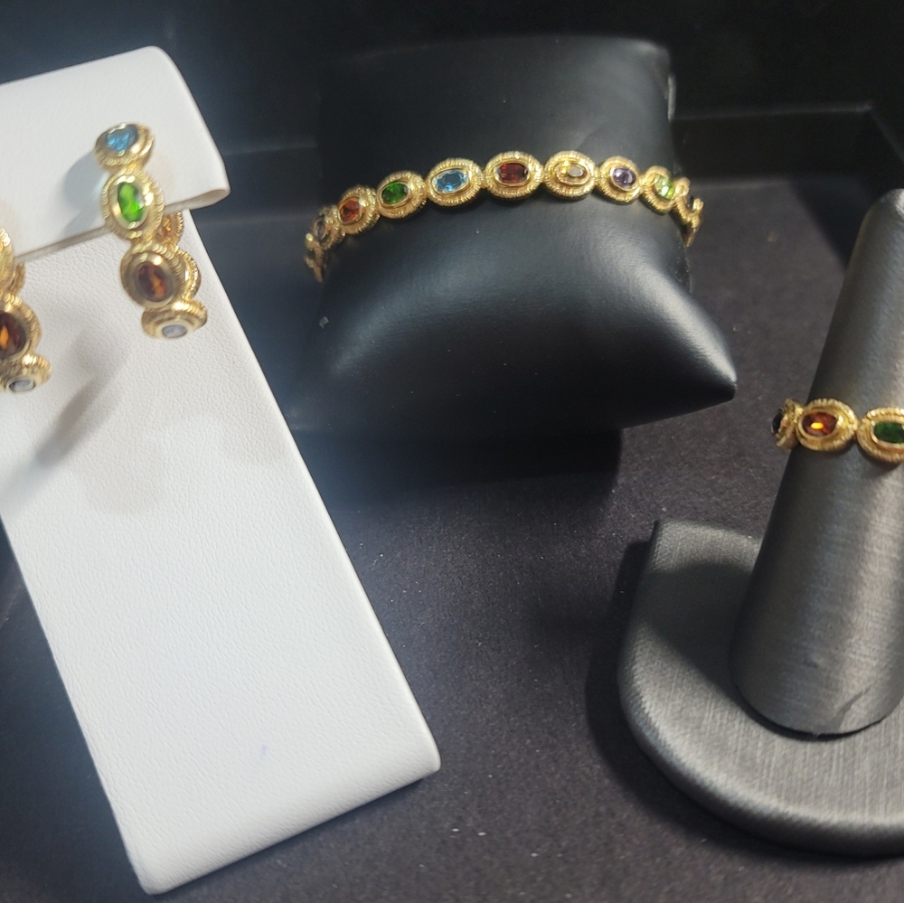 S55  Gold Multi-Gem Ring, Hoop Earrings,  Bangle  Matching Set